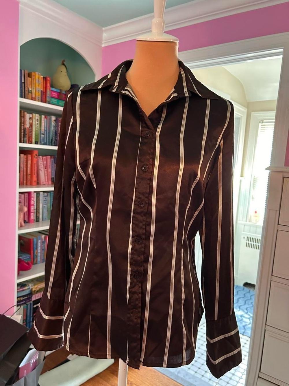 Willi Smith Brown and White Striped Button-Down Shirt